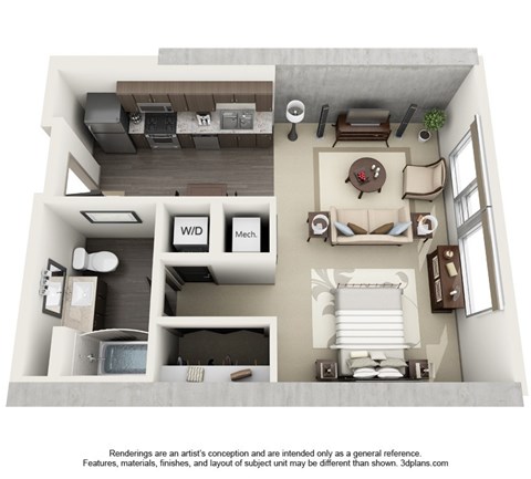 Floor plan for studio, 1 bath, 739 sqft